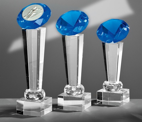 Glas-Diamant-Trophäe Blau inkl. Emblem und Gravur 19 cm