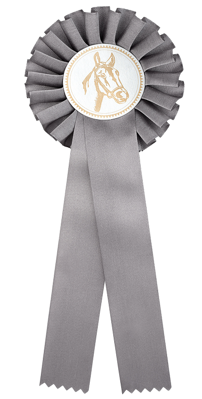 Preisschleife-Turnierschleife mit Emblem Pferdekopf Grau-Silber
