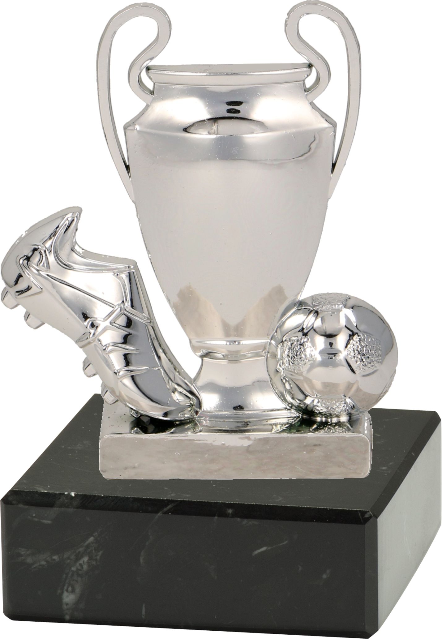 Fußballständer 2D "Schuh-Pokal-Ball" 10 cm inkl. Beschriftung Silber