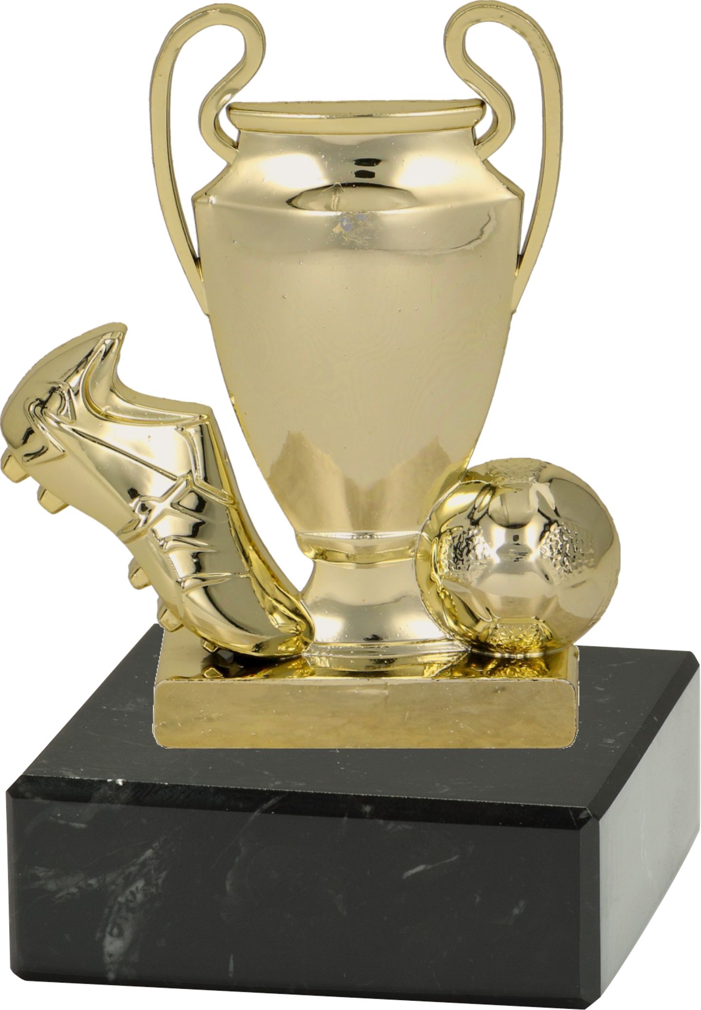 Fußballständer 2D "Schuh-Pokal-Ball" 10 cm inkl. Beschriftung Gold